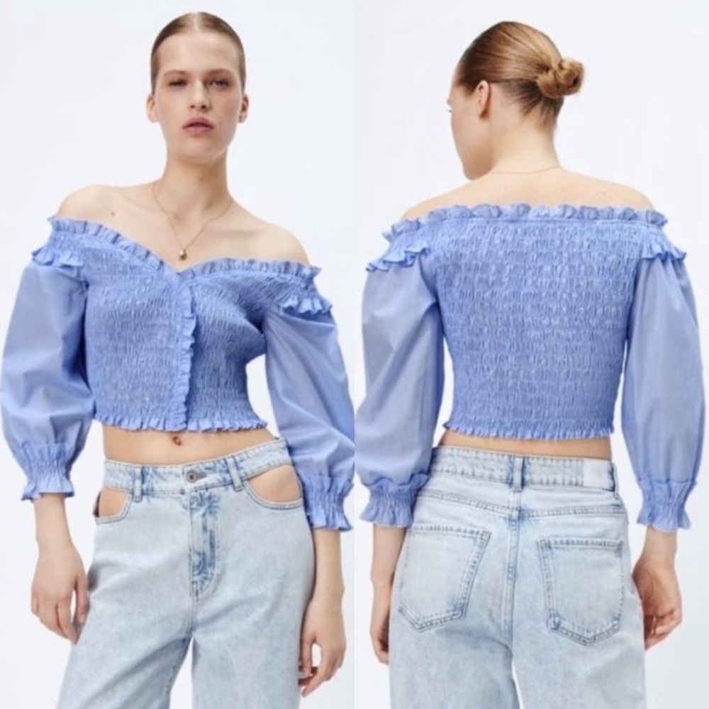 ZARA Elastic Trim V-Neck Ruffled Crop Top